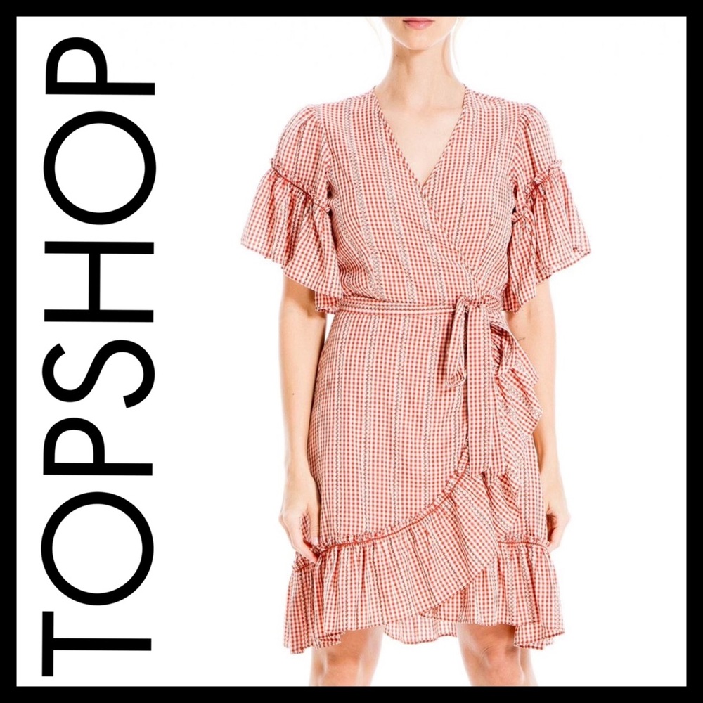 MAX STUDIO Short Sleeve Gingham Ruffle True Wrap Dress
Color: Terra Cott…
